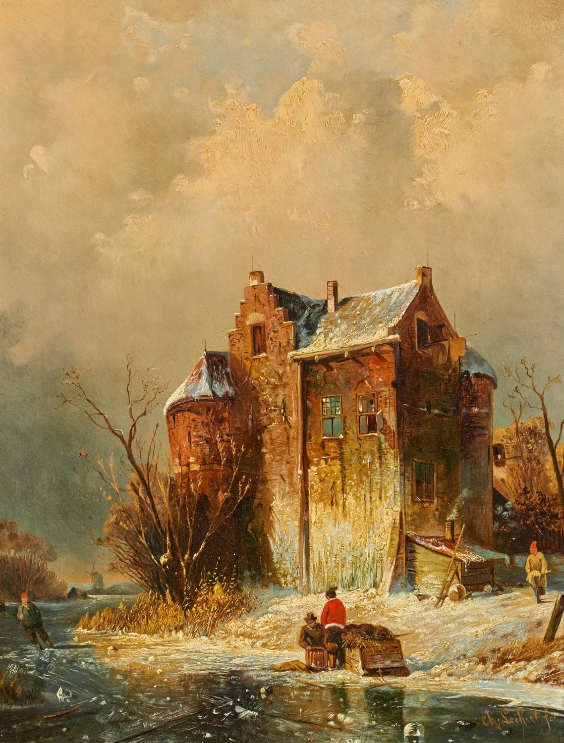 Charles Leickert - Giorno invernale in un castello olandese sul canale